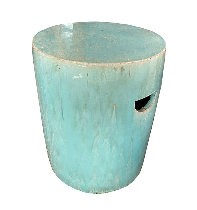 Garden Stool Turquoise Glossy Drip Glaze Side Handle Cutout Coastal