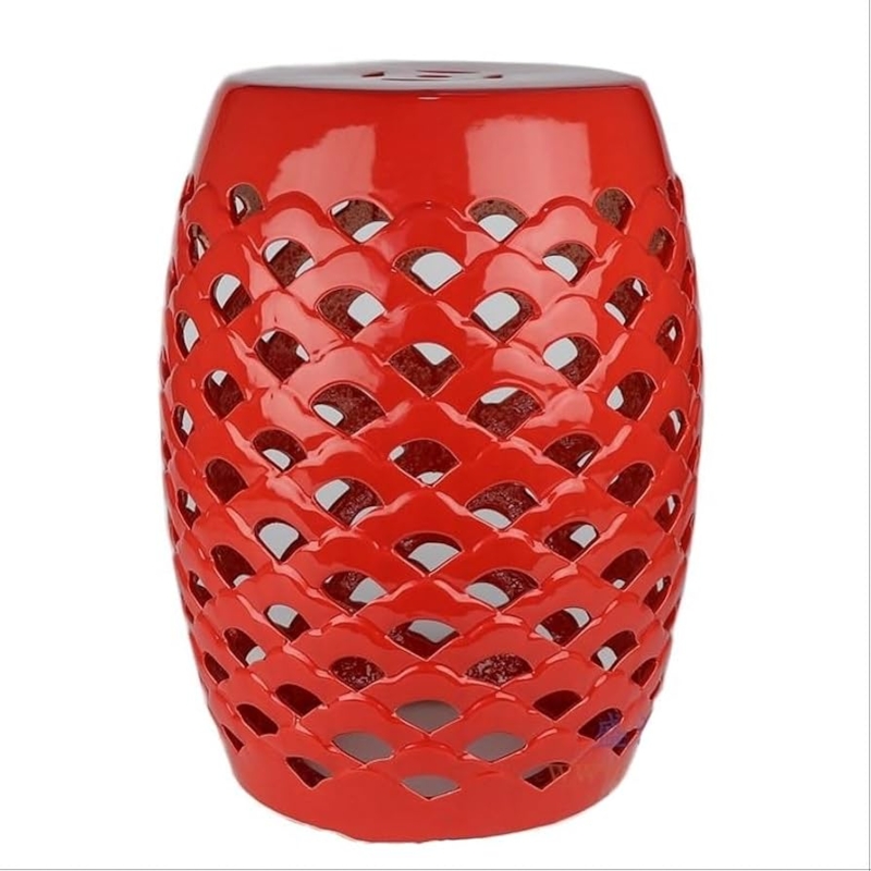 Garden Stool Vibrant Red Glossy Glaze Scalloped Lattice Asian Inspired