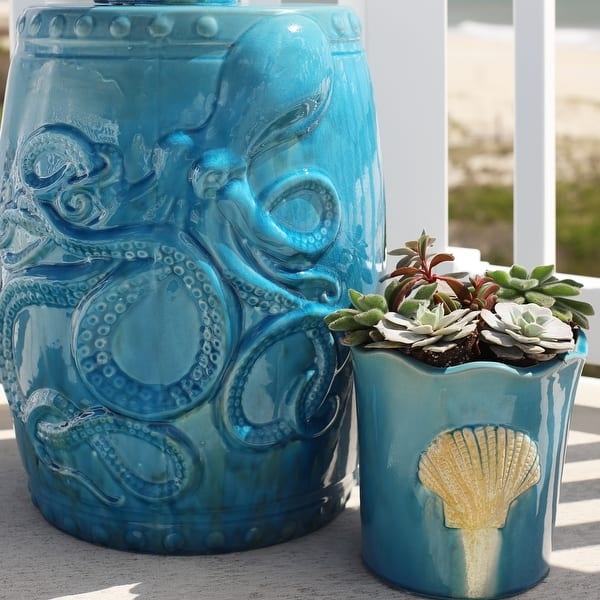 Garden Stool with Octopus Relief in Glossy Turquoise Ceramic