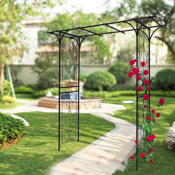 Garden Trellis FHWTY Metal For Climbing Plants  86.5 Tall, Black Iron,  Arched Design With Birds & Flowers Outdoor Plant Stands For Patio