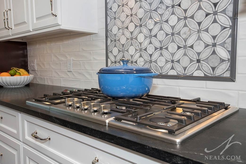 Gas Cooktop Circular Mosaic Backsplash Inset Textured White Subway Tile