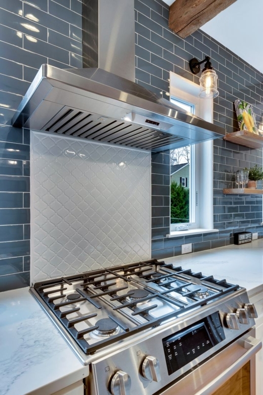 Gas Range Dual Tile Backsplash White Arabesque Inlay Glossy Grey Subway