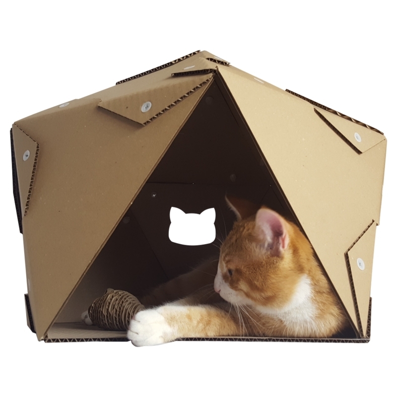 Geometric Cardboard Cat House with Pentagonal Facets and Foldable Design
