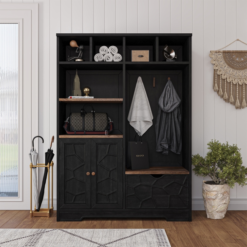 Geometric Carved Hall Tree with Matte Black Finish and Brass Hardware