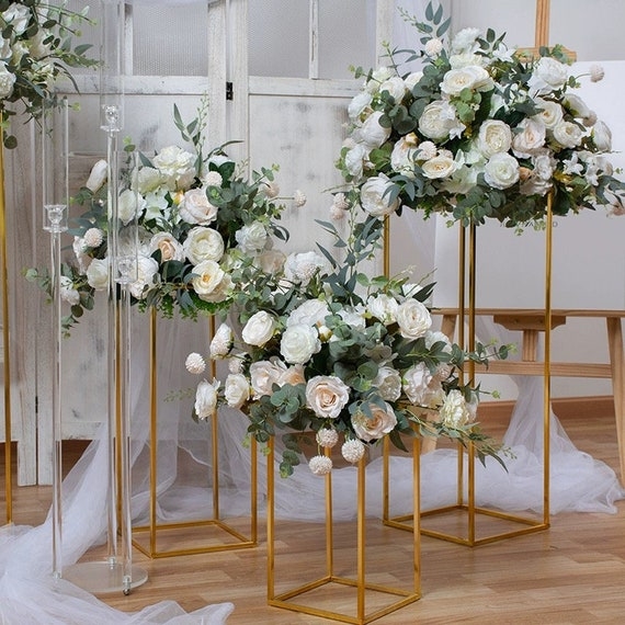 Geometric Floral Stands Staggered Trio, Eucalyptus Modern Event Decor