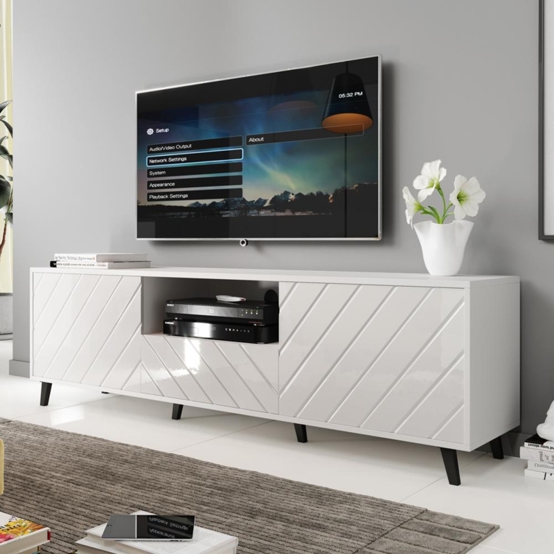 Geometric Media Console: High Gloss Finish with Diagonal Texture, Black Legs.