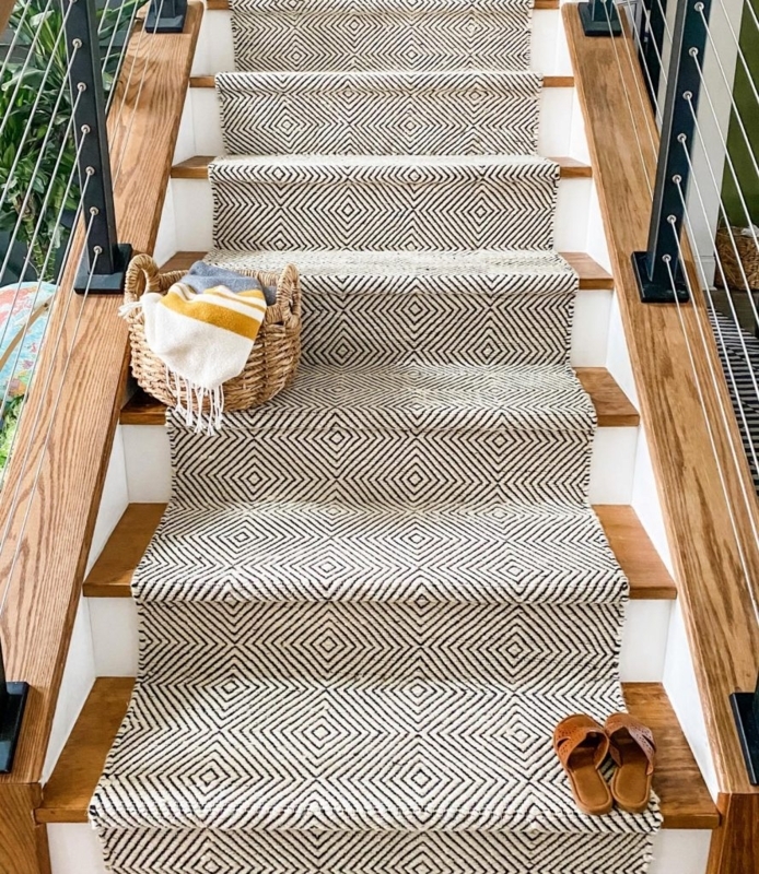 Geometric Stair Runner, Black Diamond Motif Cable Railing Staircase