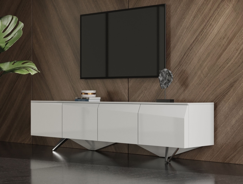 Geometric TV Stand: Faceted Front Design, Glossy Finish, Angled Chrome Legs.