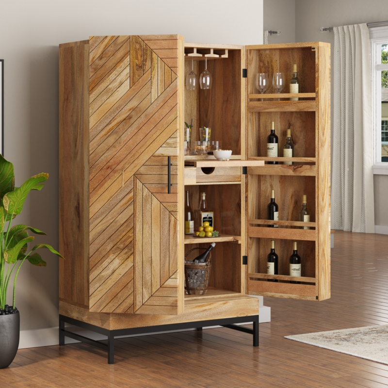 Geometric Wood Bar Cabinet with Door Shelving