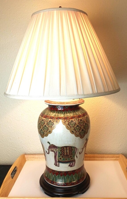 Ginger Jar Table Lamp Ceremonial Elephant Motif Pleated Shade Colonial