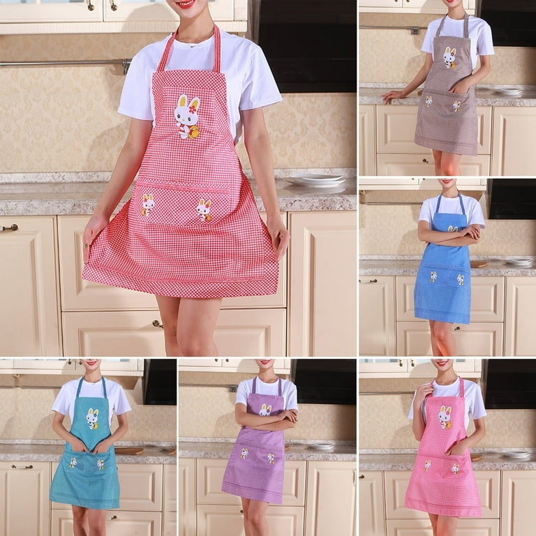 Gingham Check Bib Apron, Bunny Embroidery, Triple Pocket, Whimsical