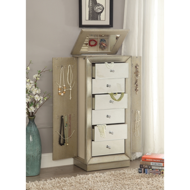 Glam Champagne Mirrored Jewelry Armoire with Beaded Trim Detail