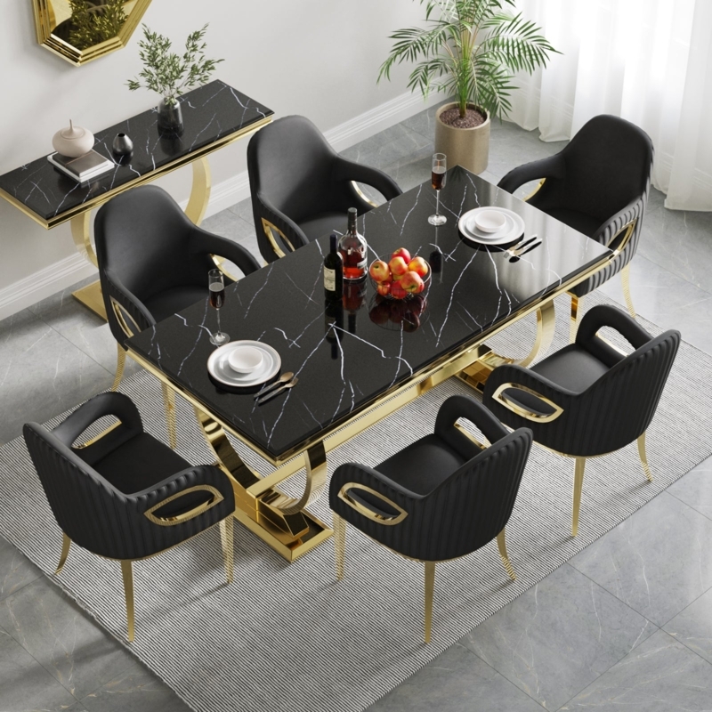 Glam Dining Set: Black Marble, Geometric Gold Base, Ribbed Chairs