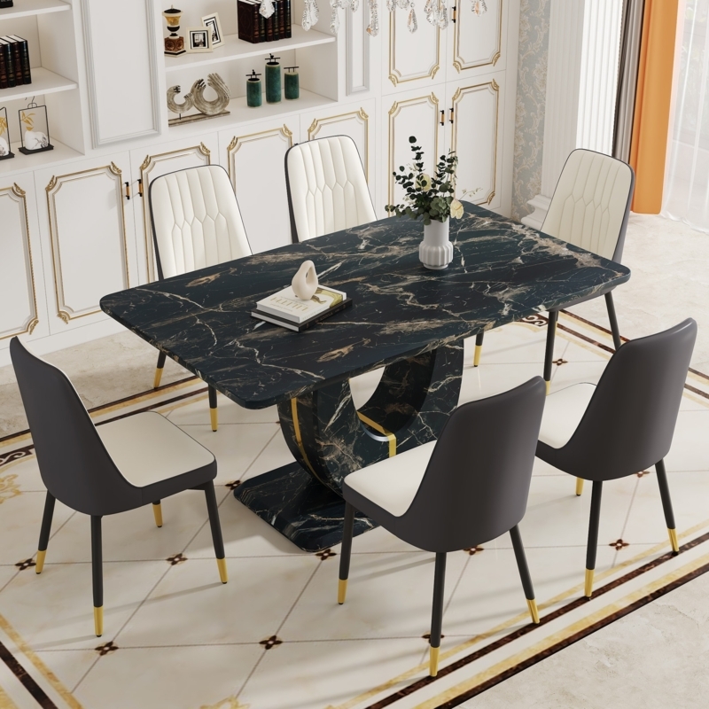 Glam Dining Set: U-Shaped Pedestal Black Marble, Bi-Color Chairs