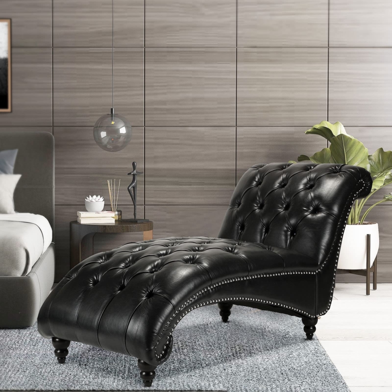 Glam Ebony Faux Leather Diamond Tufted Chaise Lounge with Silver Studs