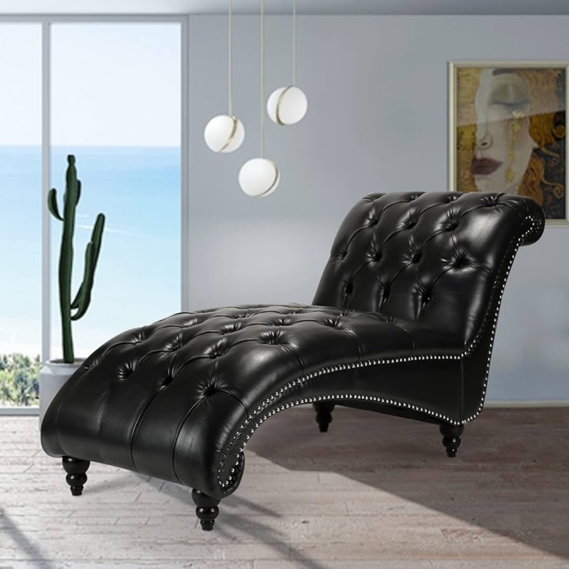 Glam Faux Leather Chaise Lounge with Rolled Back and Nailhead Trim
