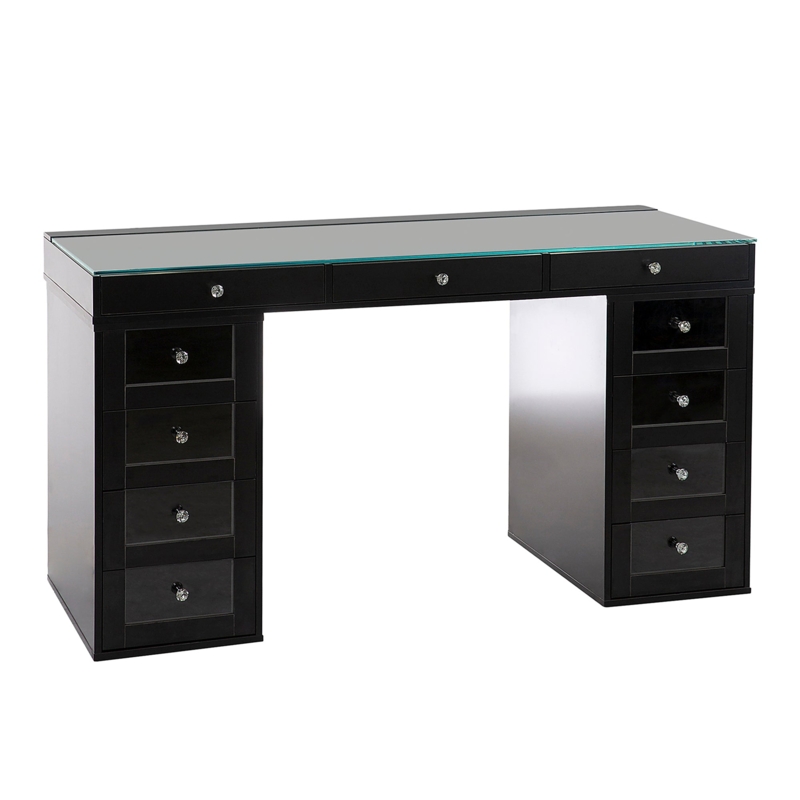 Glam Vanity Desk, Glass Top, 11 Drawers & Crystal Knobs
