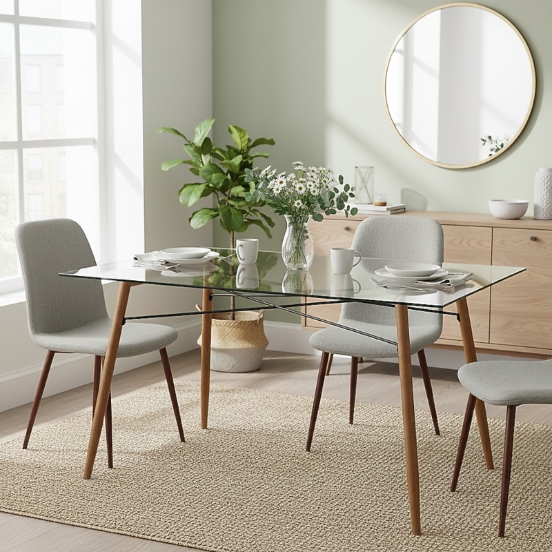 Glass Dining Table: Minimalist Glass Dining Table, Metal Cross Brace