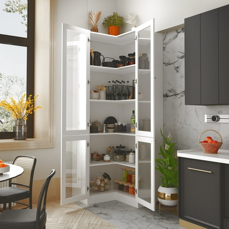 Glass Front Corner Pantry for Transitional Kitchen Storage