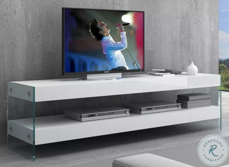 Glass Side Media Console: High Gloss Finish, Metallic Standoffs, Floating Effect.