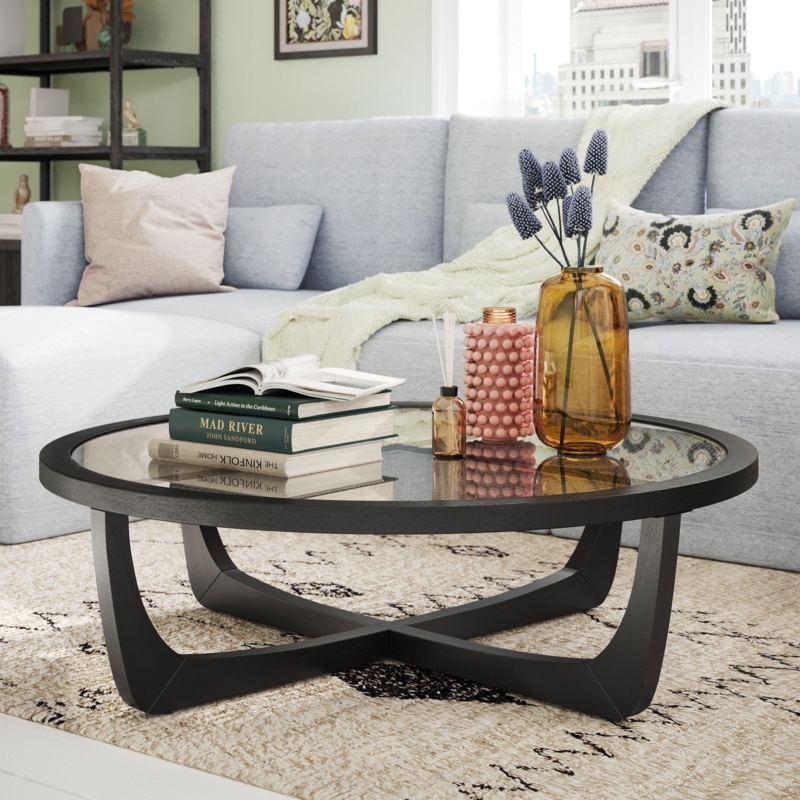 Glass Top Coffee Table Sculptural X-Base with Curved Legs Rattan Frame