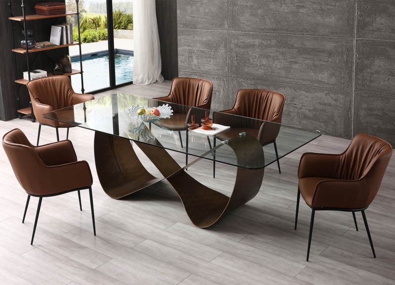 Glass Top Dining Set with Infinity Base and Cognac Chairs