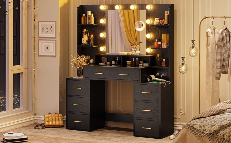 Glass Top Makeup Vanity with Hollywood Bulbs & Charging Ports