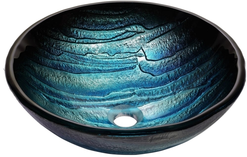 Glass Vessel Sink Ice Blue Iridescent Wave Pattern Horizontal Ridges