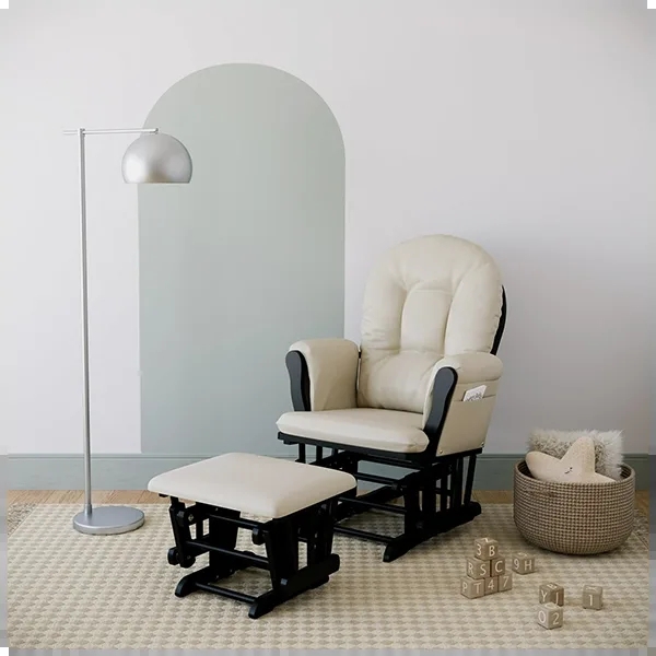 Glider and Ottoman Warm Beige with Spindle Base and Side Storage Pocket