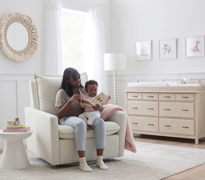 Glider Chair Warm Cream Swivel Track Arms Oversized Nursery Seating