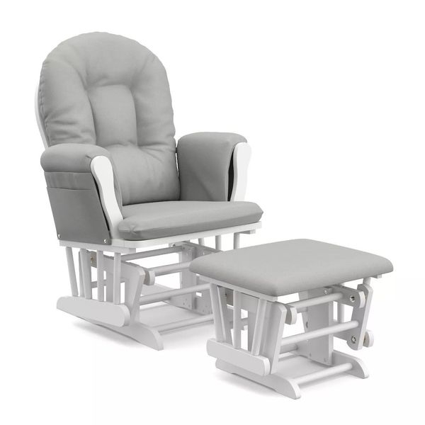 Glider Rocker Dove Gray and White with Tufted Back and Matching Ottoman