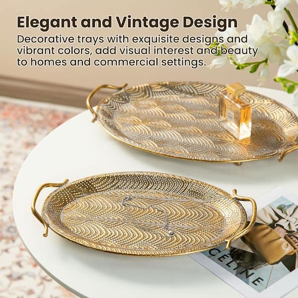 Glitzhome Oval Metal Gold Decorative Trays with HandlesSet of 2  2041400003 - The Home Depot