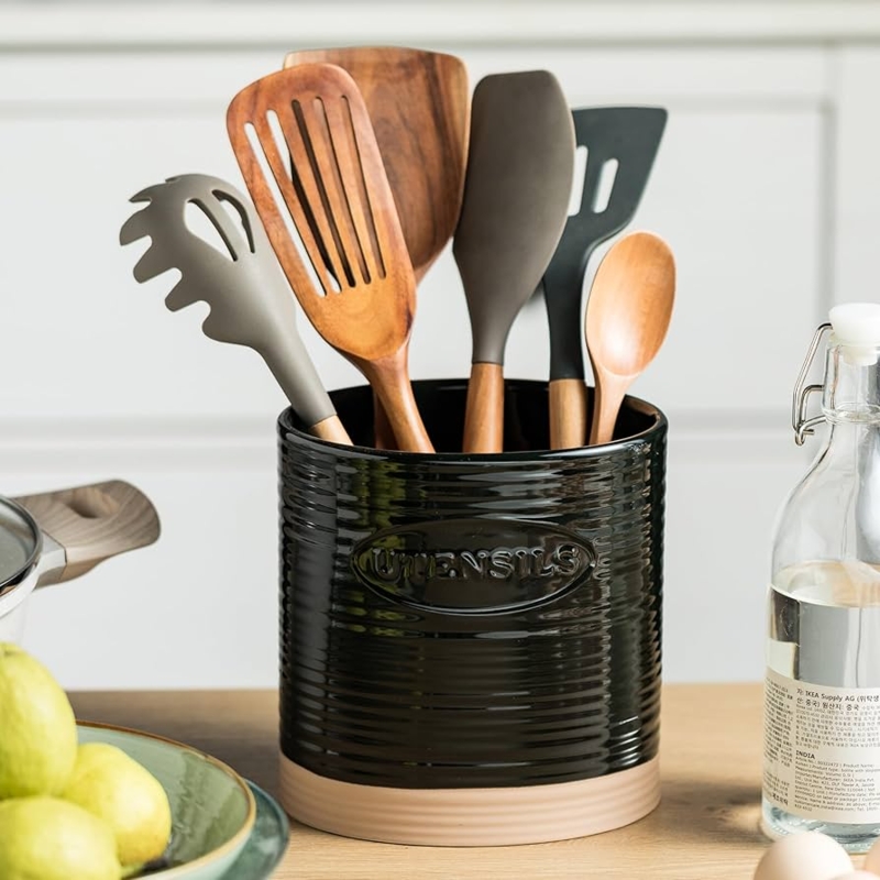 Glossy Black Utensil Holder, Embossed Label and Contrast Base