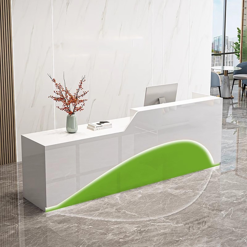 Glossy White Reception Desk, Tiered Countertop, LED Lighting