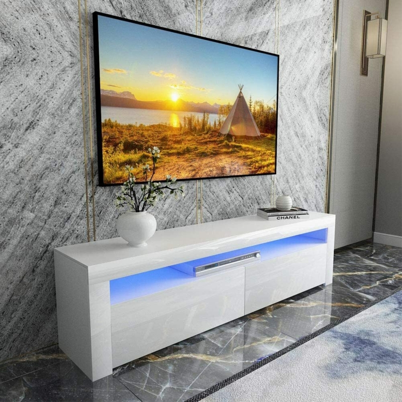 Glossy White TV Stand featuring Handleless Design and Blue Light.