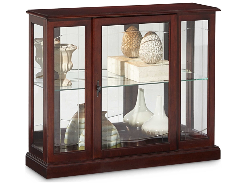 Glossy Wood Curio Cabinet with Sliding Door and Crown Molding