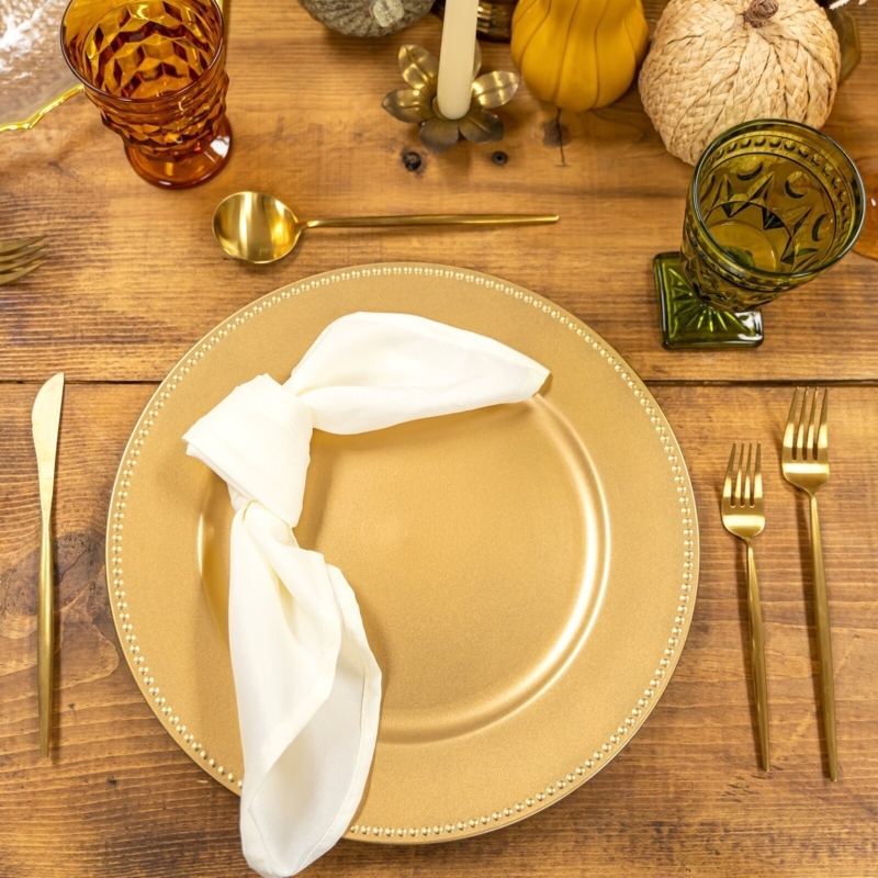 Gold Beaded Charger Plates for Rustic Autumn Harvest Table Setting