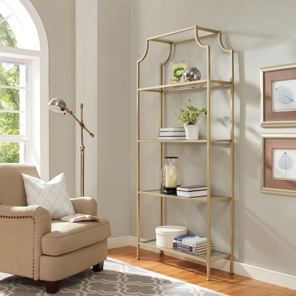 Gold Etagere Room Divider with Arched Top and Glass Shelves