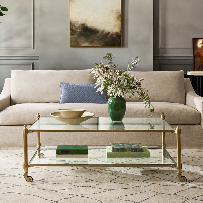 Gold Frame Rolling Coffee Table Glass Shelves Metal Casters