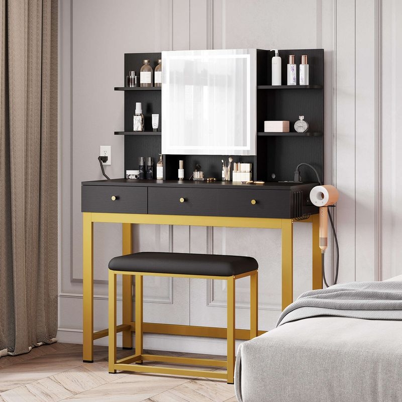 Gold-Framed Vanity Desk with LED Mirror & Hair Dryer Holder