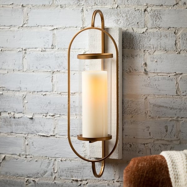 Gold Oval Wall Sconce Whitewashed Wood Backing Hurricane