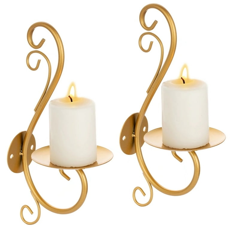 Gold Scroll Wall Sconces Ornate S-Curve Metal Pillar Pair