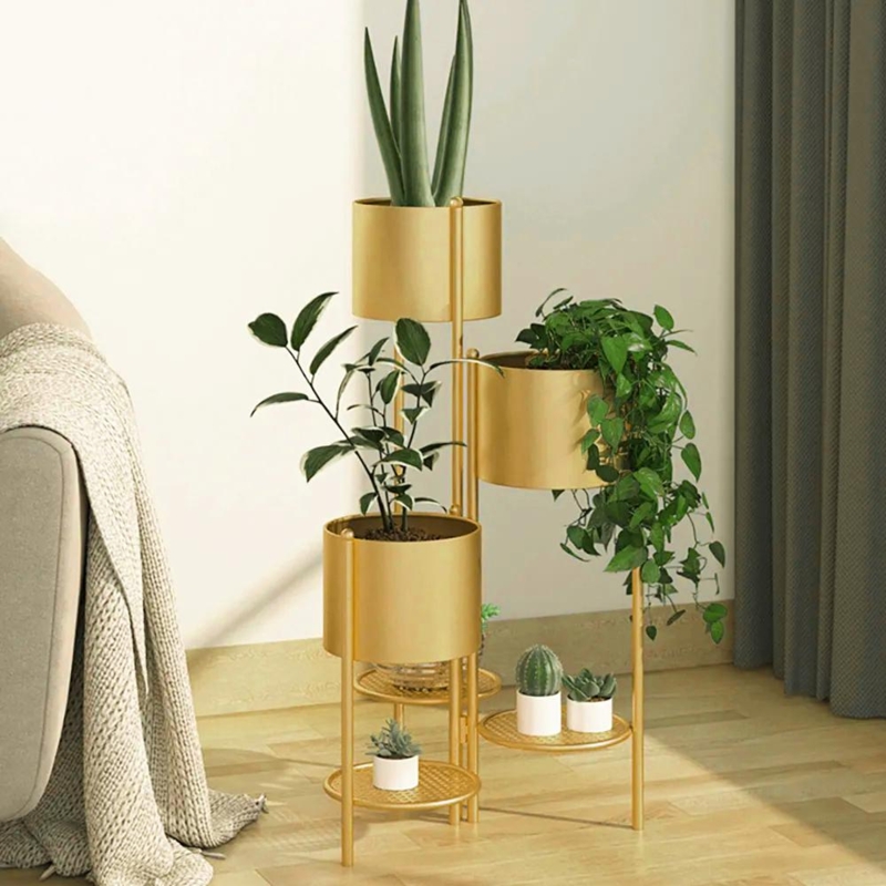 Gold Tiered Plant Stand with Mesh Shelves and Cylindrical Pots.