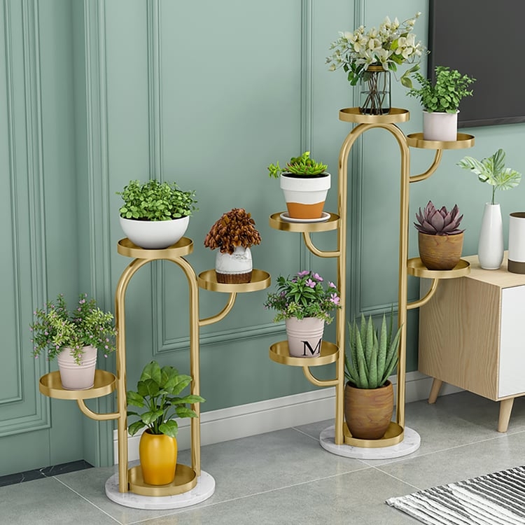 Gold Tree Plant Stand with Staggered Platforms and Marble Base.