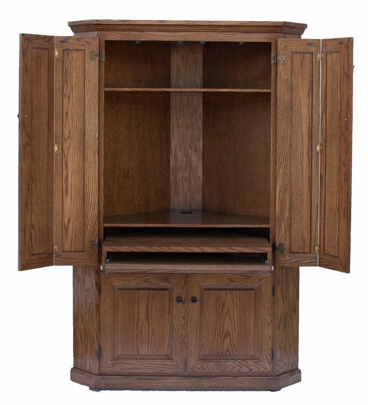 Golden Oak Corner Desk Armoire for Space Saving Traditional Office