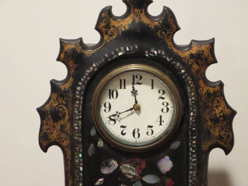 Gothic Revival Mantle Clock with Mother of Pearl Inlay Details