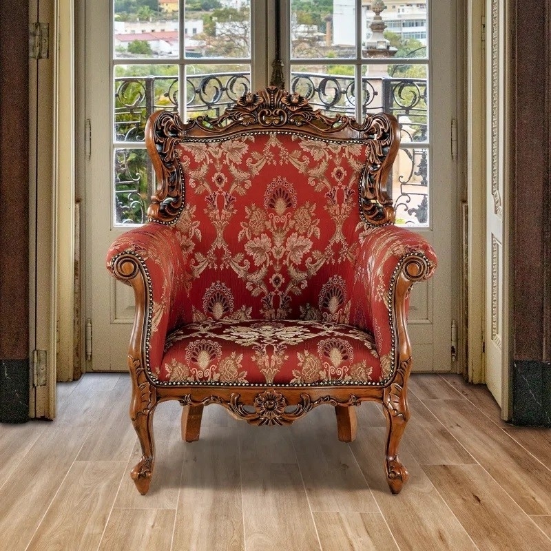Grand Baroque Parlor Chair with Carved Crest and Ruby Red Damask