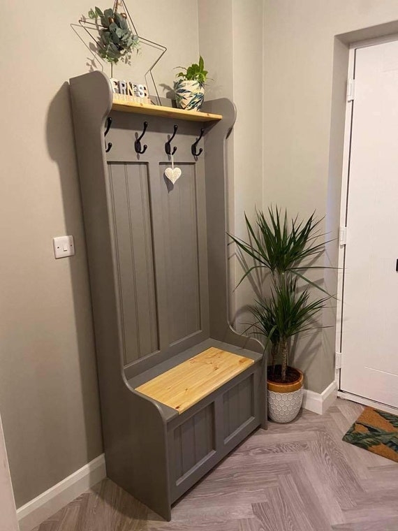 Gray Beadboard Hall Tree with Wood Toned Seat Bench