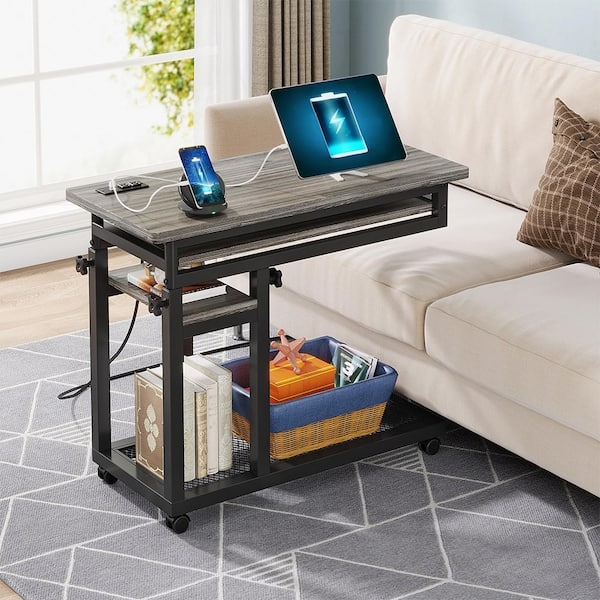 Gray C-Shaped End Table with Power Outlets and USB Ports on Wheels