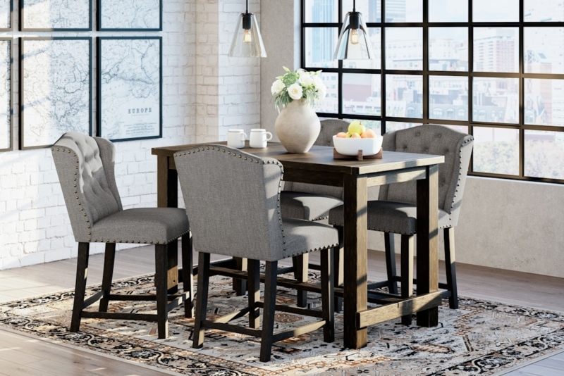 Gray Counter Height Set with Tufted Wingback Chairs and Nailhead Trim
